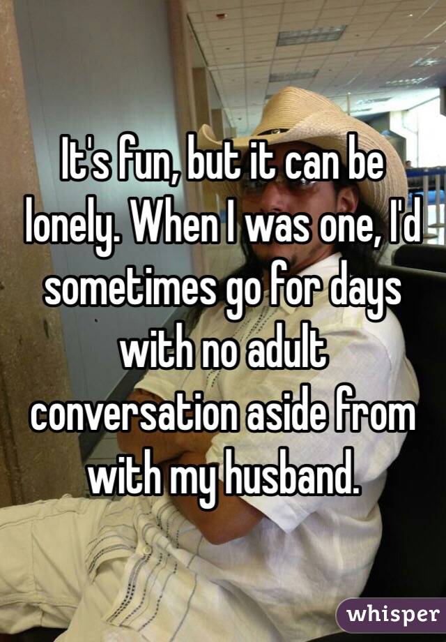 It's fun, but it can be lonely. When I was one, I'd sometimes go for days with no adult conversation aside from with my husband. 