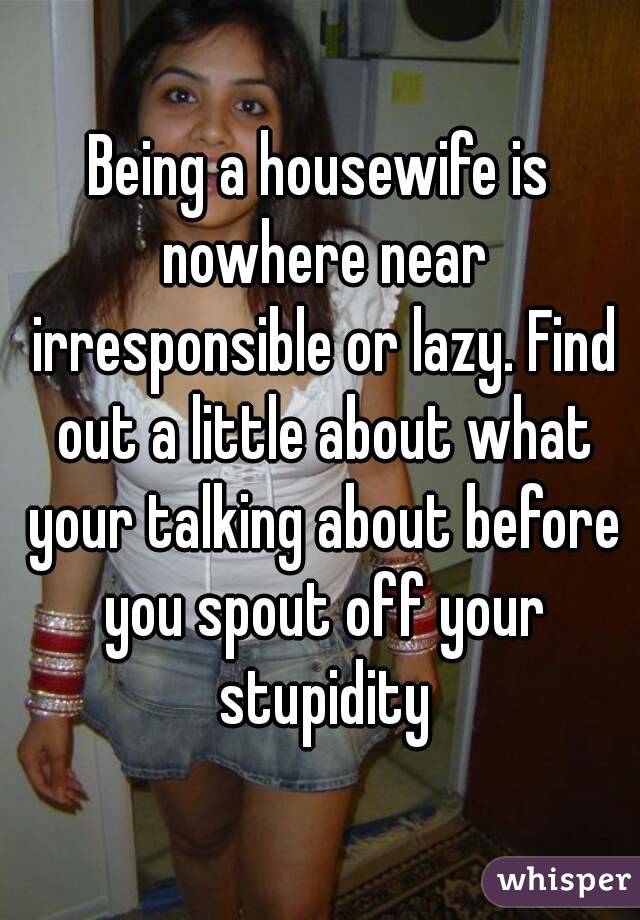 Being a housewife is nowhere near irresponsible or lazy. Find out a little about what your talking about before you spout off your stupidity