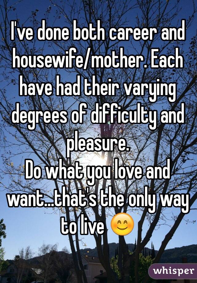 I've done both career and housewife/mother. Each have had their varying degrees of difficulty and pleasure.
Do what you love and want...that's the only way to live 😊