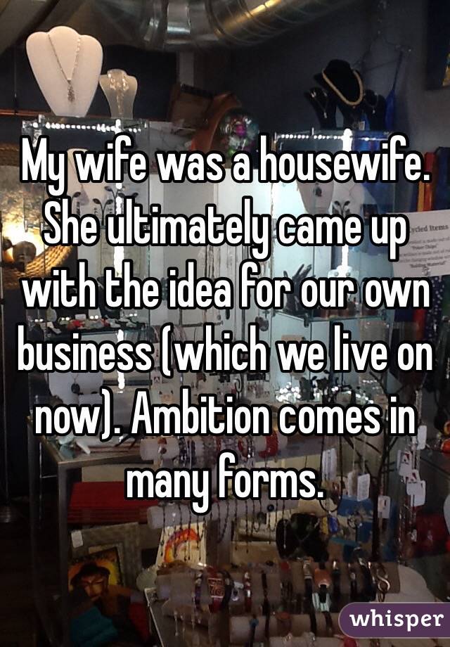 My wife was a housewife. She ultimately came up with the idea for our own business (which we live on now). Ambition comes in many forms. 