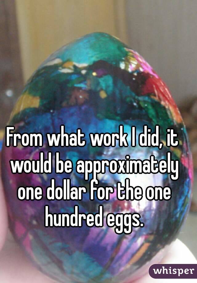 From what work I did, it would be approximately one dollar for the one hundred eggs.