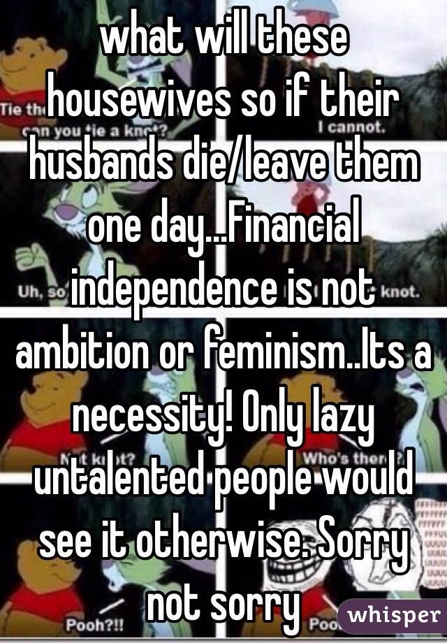 what will these housewives so if their husbands die/leave them one day...Financial independence is not ambition or feminism..Its a necessity! Only lazy untalented people would see it otherwise. Sorry not sorry