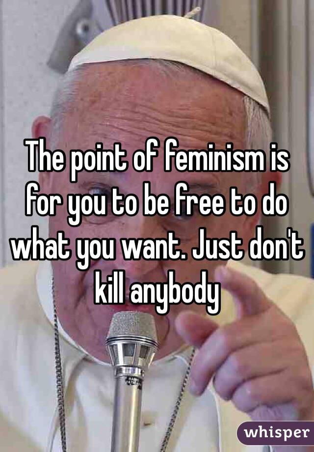 The point of feminism is for you to be free to do what you want. Just don't kill anybody 