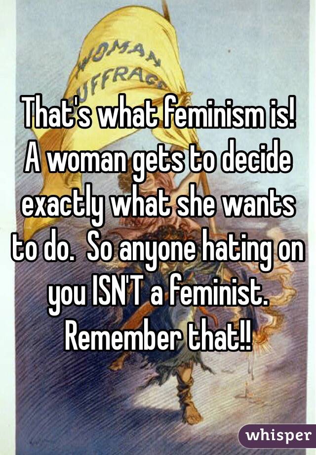 That's what feminism is!  A woman gets to decide exactly what she wants to do.  So anyone hating on you ISN'T a feminist.  Remember that!!