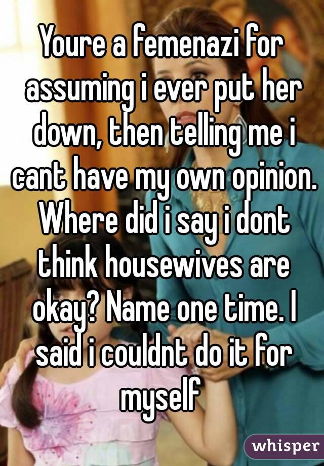 Youre a femenazi for assuming i ever put her down, then telling me i cant have my own opinion. Where did i say i dont think housewives are okay? Name one time. I said i couldnt do it for myself 