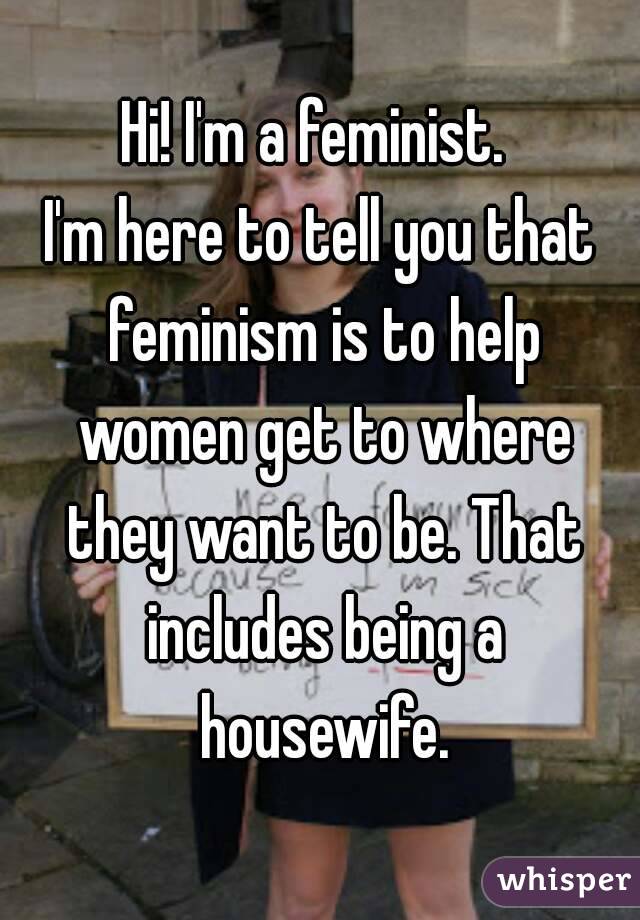 Hi! I'm a feminist. 
I'm here to tell you that feminism is to help women get to where they want to be. That includes being a housewife.