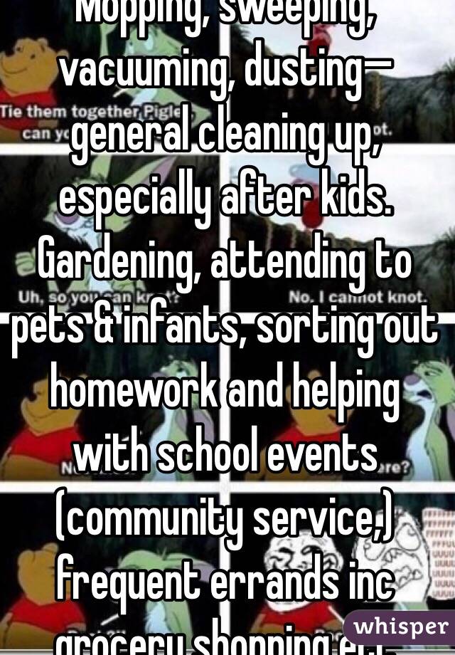 Mopping, sweeping, vacuuming, dusting—general cleaning up, especially after kids. Gardening, attending to pets & infants, sorting out homework and helping with school events (community service,) frequent errands inc grocery shopping etc