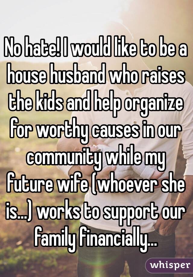 No hate! I would like to be a house husband who raises the kids and help organize for worthy causes in our community while my future wife (whoever she is...) works to support our family financially...