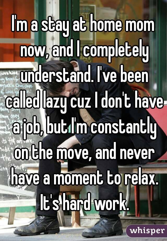 I'm a stay at home mom now, and I completely understand. I've been called lazy cuz I don't have a job, but I'm constantly on the move, and never have a moment to relax. It's hard work.