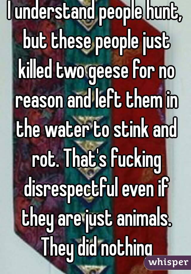 I understand people hunt, but these people just killed two geese for no reason and left them in the water to stink and rot. That's fucking disrespectful even if they are just animals. They did nothing