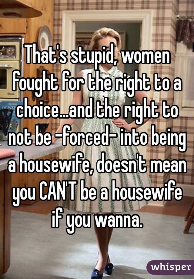 That's stupid, women fought for the right to a choice...and the right to not be -forced- into being a housewife, doesn't mean you CAN'T be a housewife if you wanna.
