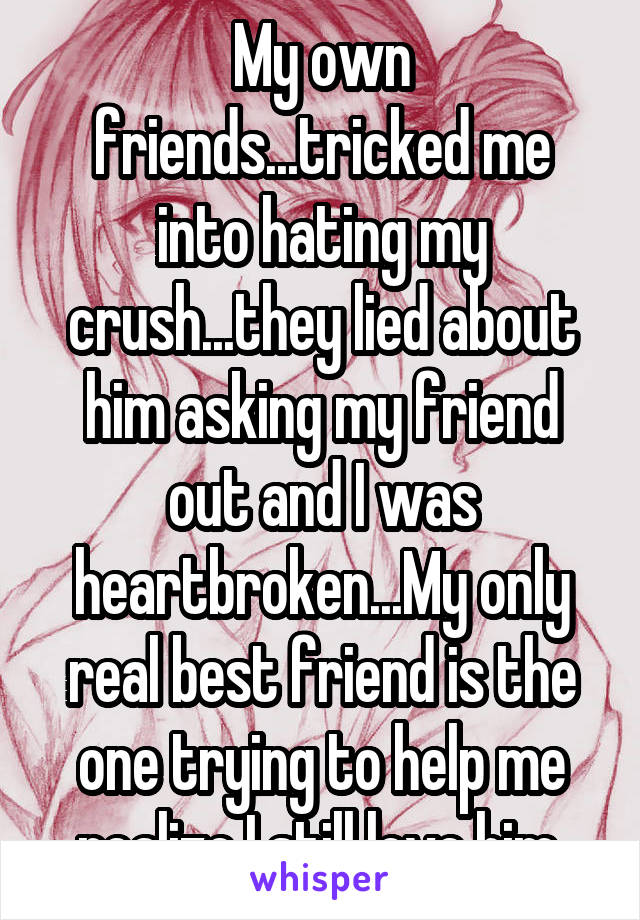 My own friends...tricked me into hating my crush...they lied about him asking my friend out and I was heartbroken...My only real best friend is the one trying to help me realize I still love him 