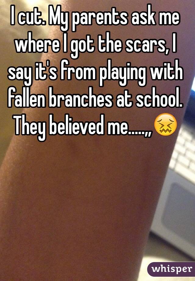 I cut. My parents ask me where I got the scars, I say it's from playing with fallen branches at school. They believed me.....,,😖