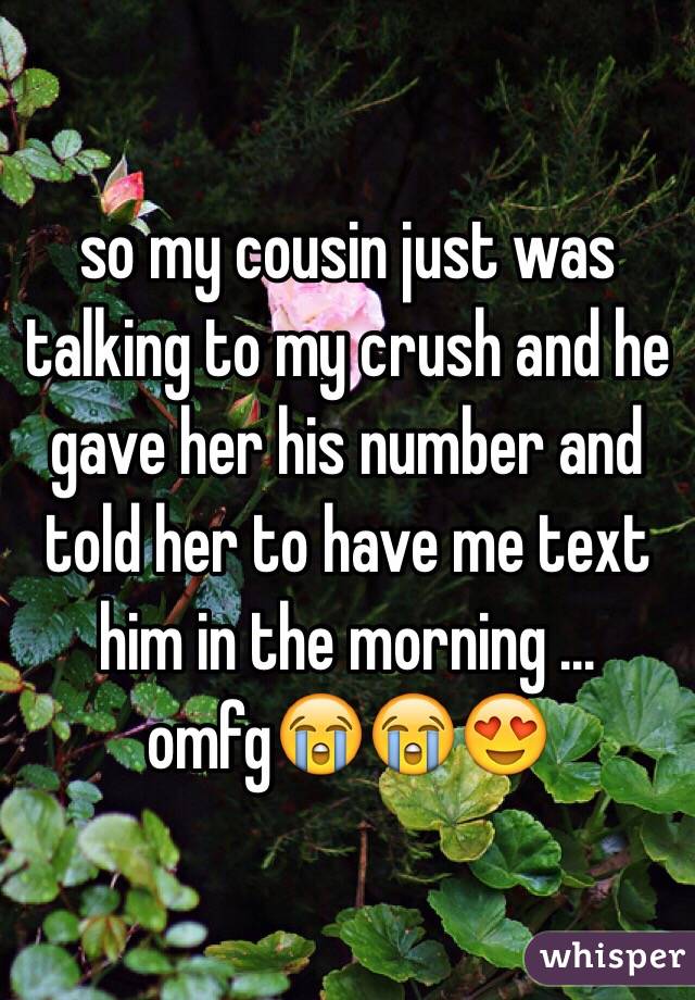 so my cousin just was talking to my crush and he gave her his number and told her to have me text him in the morning ... omfg😭😭😍