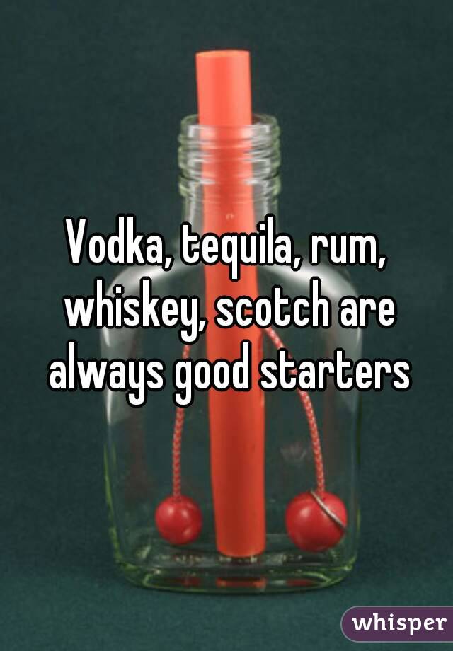 Vodka, tequila, rum, whiskey, scotch are always good starters