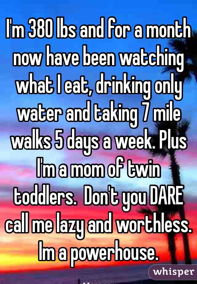 I'm 380 lbs and for a month now have been watching what I eat, drinking only water and taking 7 mile walks 5 days a week. Plus I'm a mom of twin toddlers.  Don't you DARE call me lazy and worthless. Im a powerhouse.