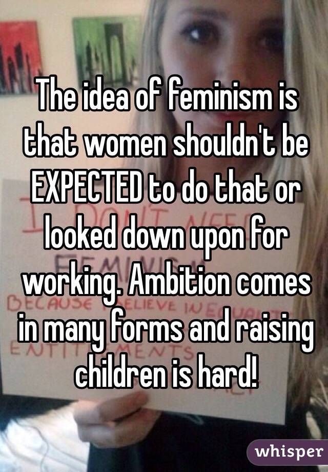 The idea of feminism is that women shouldn't be EXPECTED to do that or looked down upon for working. Ambition comes in many forms and raising children is hard!