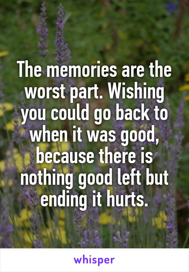 The memories are the worst part. Wishing you could go back to when it was good, because there is nothing good left but ending it hurts.
