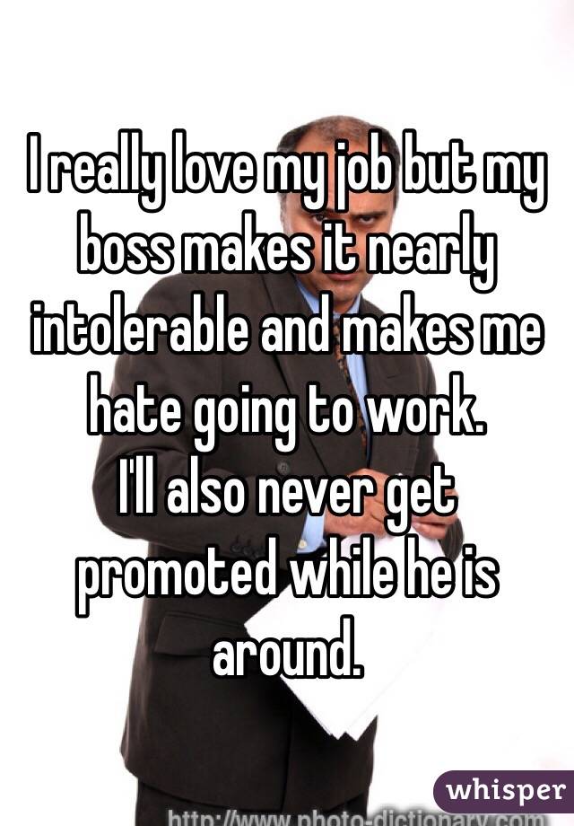 I really love my job but my boss makes it nearly intolerable and makes me hate going to work. 
I'll also never get promoted while he is around. 