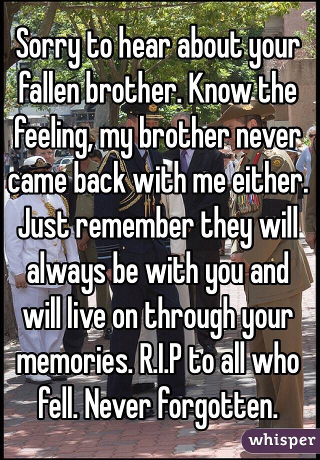 Sorry to hear about your fallen brother. Know the feeling, my brother never came back with me either. Just remember they will always be with you and will live on through your memories. R.I.P to all who fell. Never forgotten.