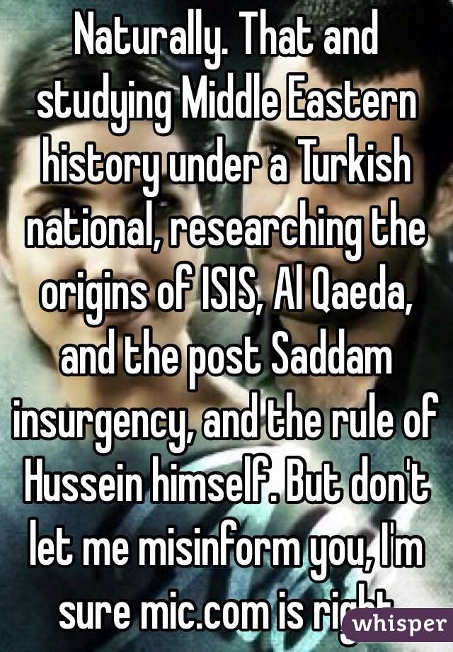 Naturally. That and studying Middle Eastern history under a Turkish national, researching the origins of ISIS, Al Qaeda, and the post Saddam insurgency, and the rule of Hussein himself. But don't let me misinform you, I'm sure mic.com is right