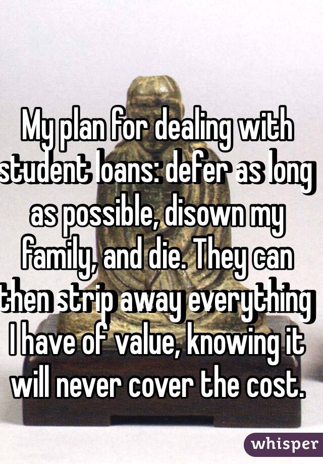 My plan for dealing with student loans: defer as long as possible, disown my family, and die. They can then strip away everything I have of value, knowing it will never cover the cost. 