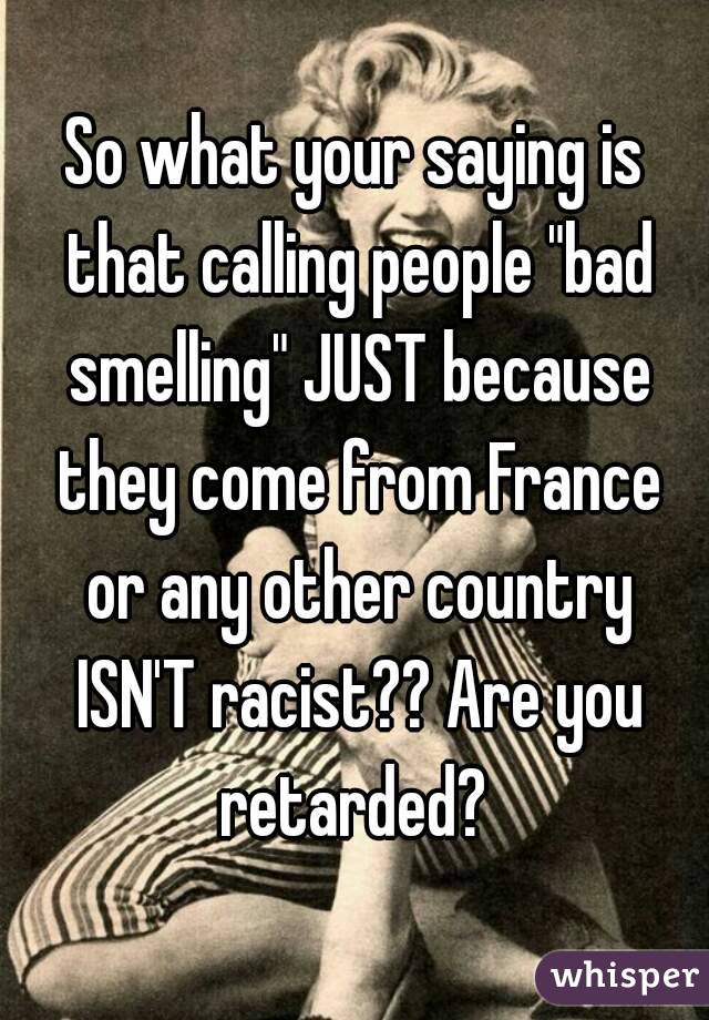 So what your saying is that calling people "bad smelling" JUST because they come from France or any other country ISN'T racist?? Are you retarded? 