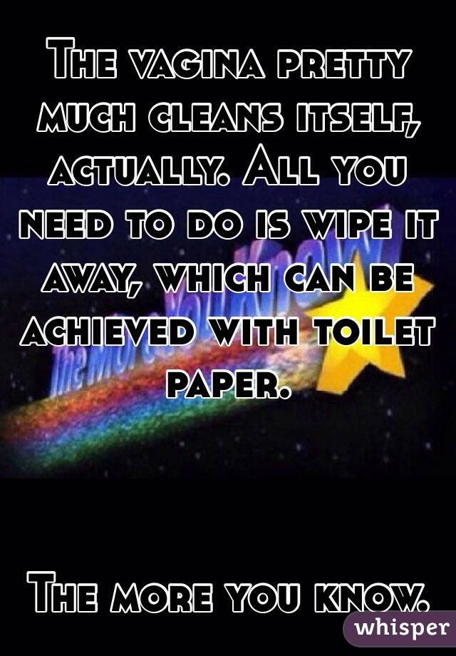 The vagina pretty much cleans itself, actually. All you need to do is wipe it away, which can be achieved with toilet paper. 



The more you know.