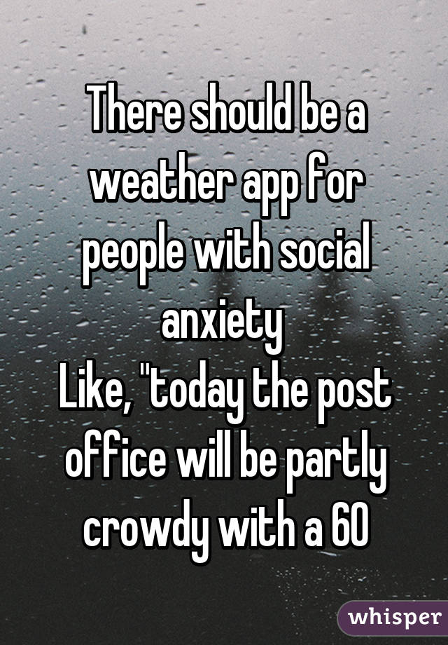 There should be a weather app for people with social anxiety 
Like, "today the post office will be partly crowdy with a 60% chance of people you know"