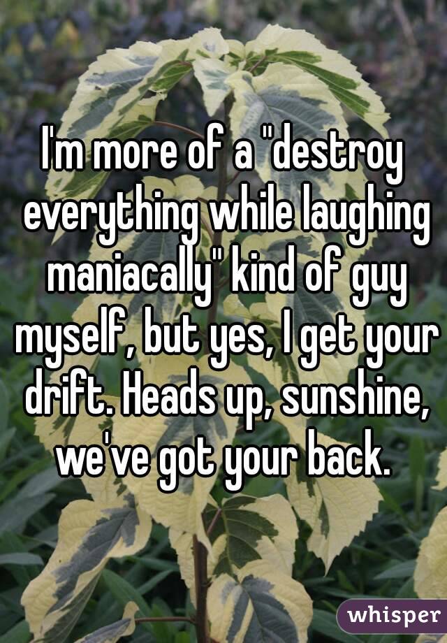 I'm more of a "destroy everything while laughing maniacally" kind of guy myself, but yes, I get your drift. Heads up, sunshine, we've got your back. 