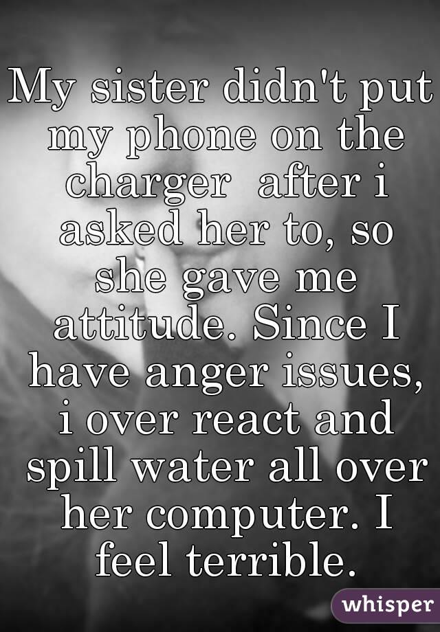 My sister didn't put my phone on the charger  after i asked her to, so she gave me attitude. Since I have anger issues, i over react and spill water all over her computer. I feel terrible.