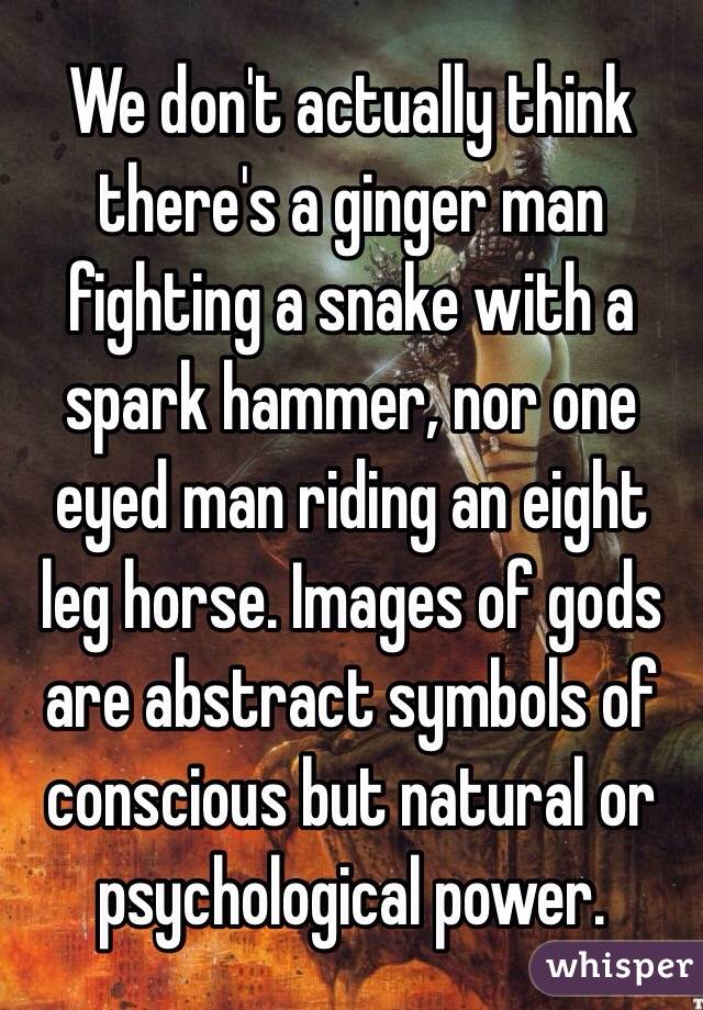 We don't actually think there's a ginger man fighting a snake with a spark hammer, nor one eyed man riding an eight leg horse. Images of gods are abstract symbols of conscious but natural or psychological power.