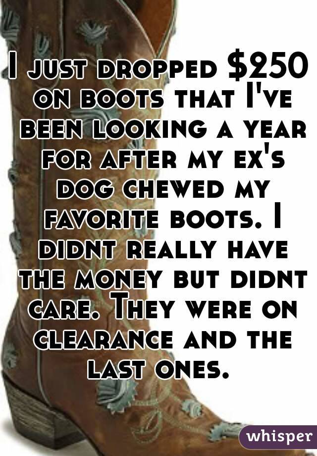 I just dropped $250 on boots that I've been looking a year for after my ex's dog chewed my favorite boots. I didnt really have the money but didnt care. They were on clearance and the last ones. 
