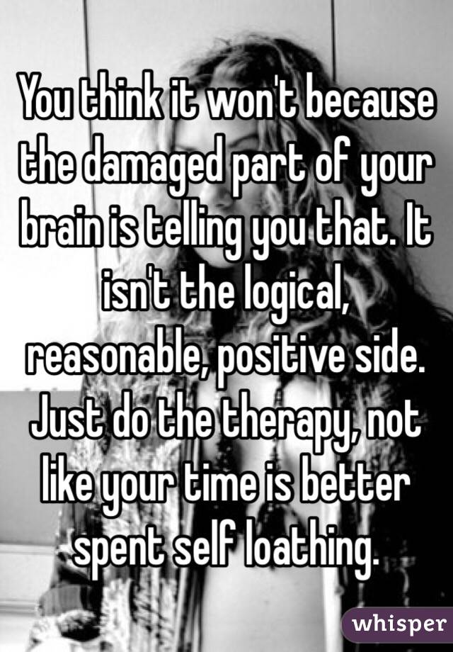 You think it won't because the damaged part of your brain is telling you that. It isn't the logical, reasonable, positive side. Just do the therapy, not like your time is better spent self loathing. 