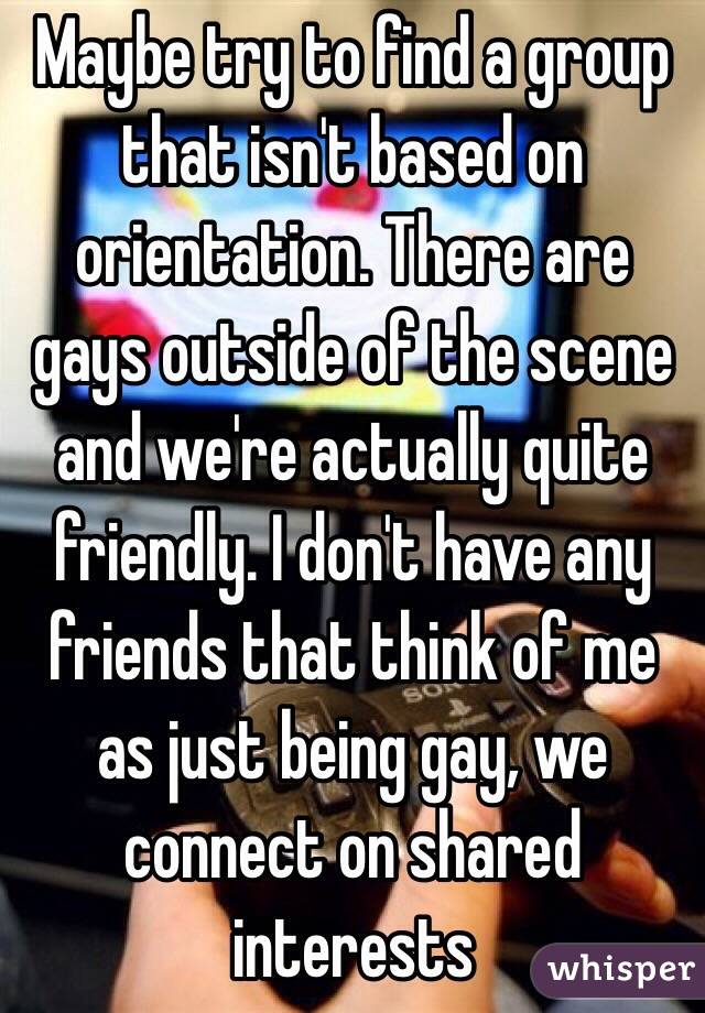 Maybe try to find a group that isn't based on orientation. There are gays outside of the scene and we're actually quite friendly. I don't have any friends that think of me as just being gay, we connect on shared interests