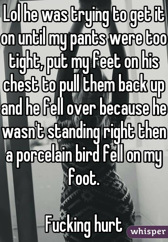 Lol he was trying to get it on until my pants were too tight, put my feet on his chest to pull them back up and he fell over because he wasn't standing right then a porcelain bird fell on my foot. 

Fucking hurt