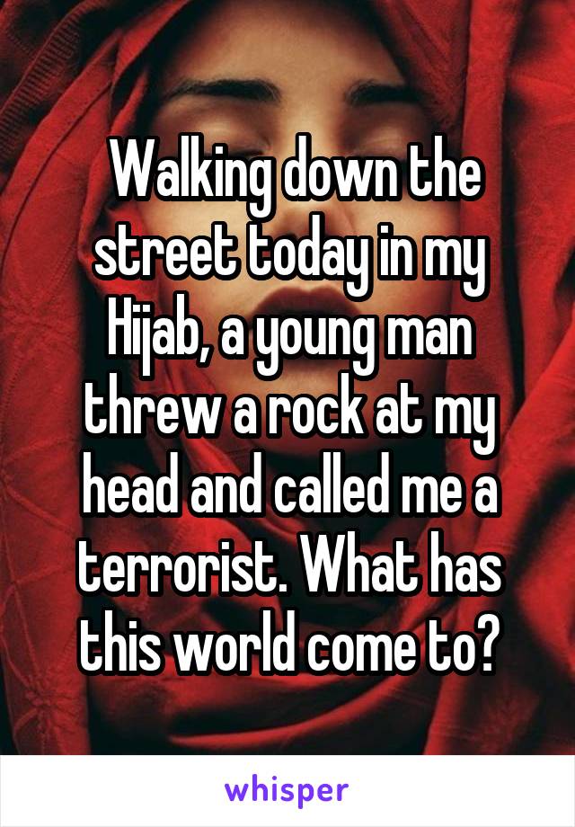  Walking down the street today in my Hijab, a young man threw a rock at my head and called me a terrorist. What has this world come to?