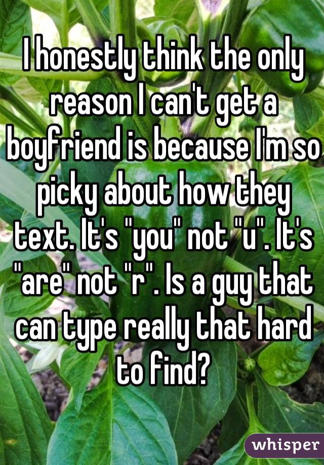 I honestly think the only reason I can't get a boyfriend is because I'm so picky about how they text. It's "you" not "u". It's "are" not "r". Is a guy that can type really that hard to find?
