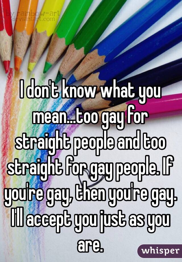 I don't know what you mean...too gay for straight people and too straight for gay people. If you're gay, then you're gay. I'll accept you just as you are.