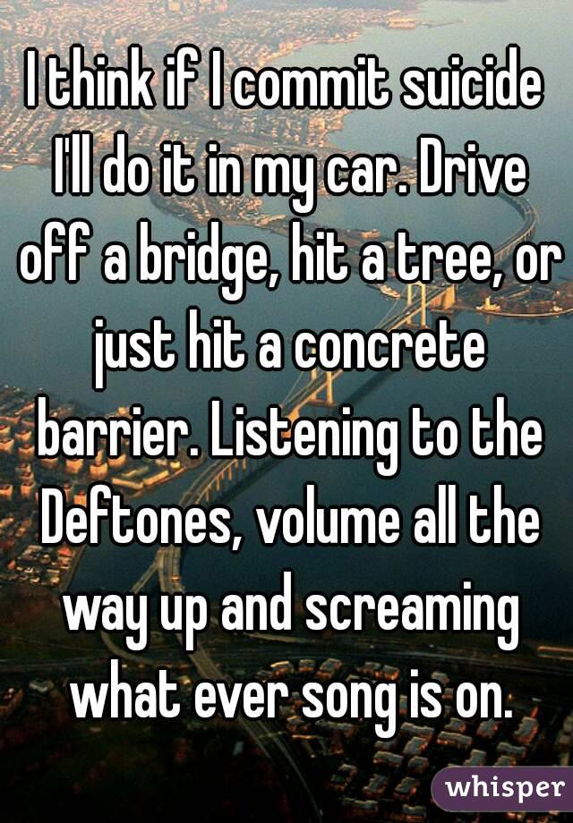 I think if I commit suicide I'll do it in my car. Drive off a bridge, hit a tree, or just hit a concrete barrier. Listening to the Deftones, volume all the way up and screaming what ever song is on.