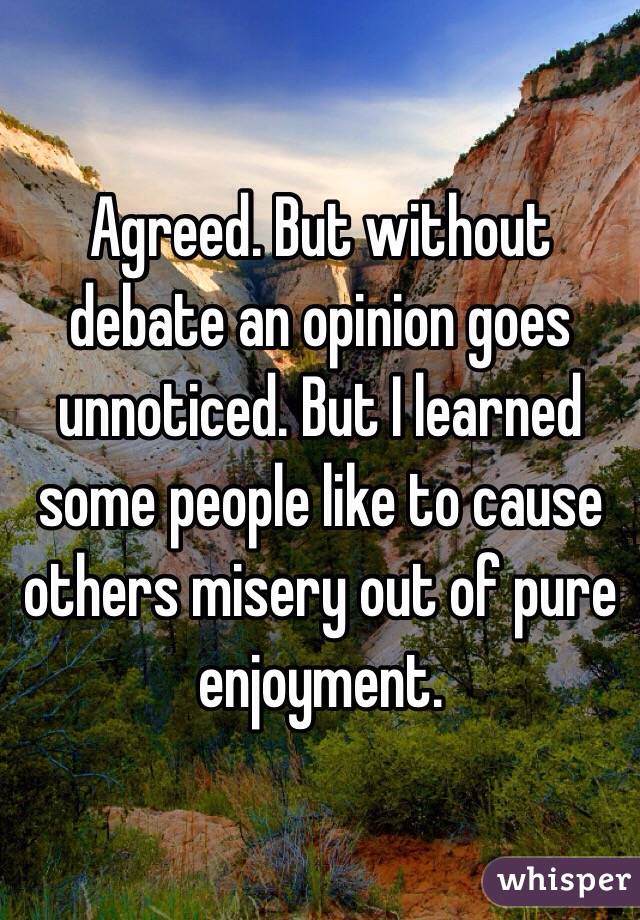 Agreed. But without debate an opinion goes unnoticed. But I learned some people like to cause others misery out of pure enjoyment.