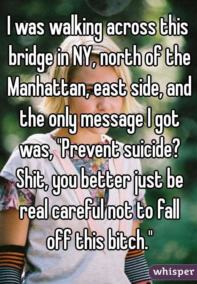 I was walking across this bridge in NY, north of the Manhattan, east side, and the only message I got was, "Prevent suicide? Shit, you better just be real careful not to fall off this bitch."