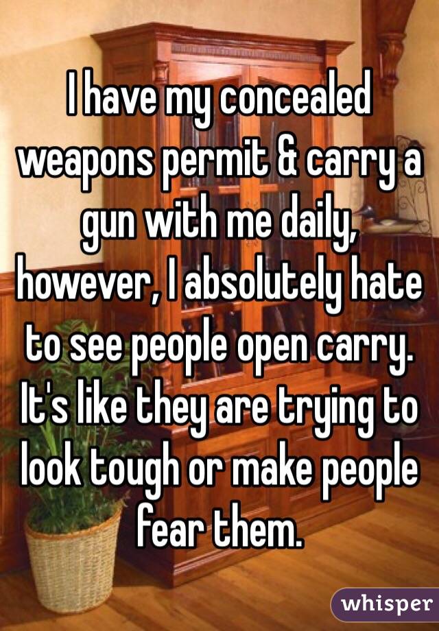 I have my concealed weapons permit & carry a gun with me daily,  however, I absolutely hate to see people open carry.  It's like they are trying to look tough or make people fear them.