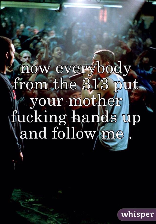 now everybody from the 313 put your mother fucking hands up and follow me . 