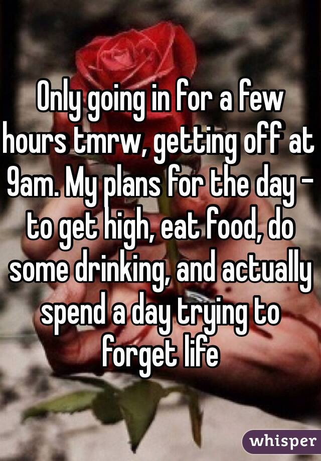 Only going in for a few hours tmrw, getting off at 9am. My plans for the day - to get high, eat food, do some drinking, and actually spend a day trying to forget life 