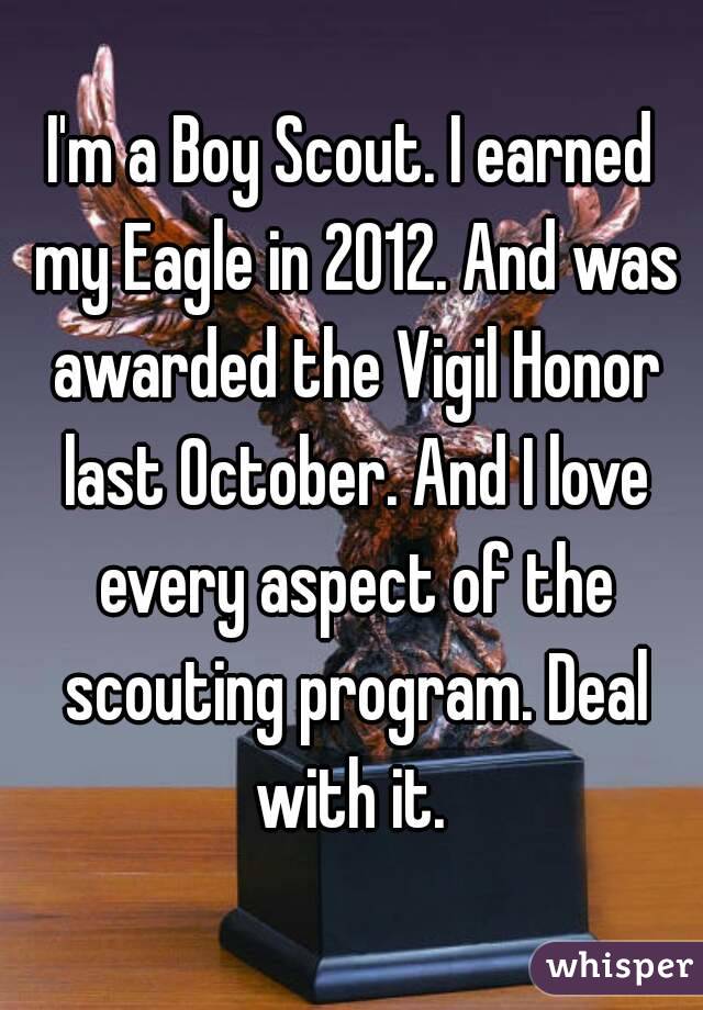 I'm a Boy Scout. I earned my Eagle in 2012. And was awarded the Vigil Honor last October. And I love every aspect of the scouting program. Deal with it. 