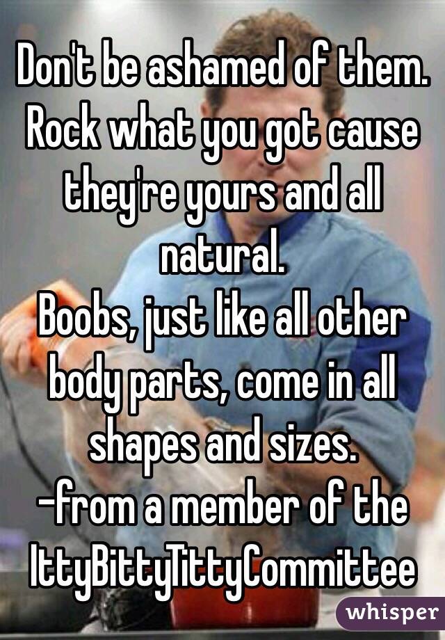 Don't be ashamed of them.
Rock what you got cause they're yours and all natural. 
Boobs, just like all other body parts, come in all shapes and sizes.
-from a member of the IttyBittyTittyCommittee