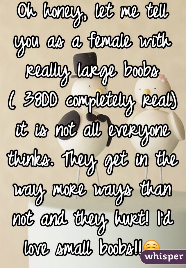 Oh honey, let me tell you as a female with really large boobs ( 38DD completely real) it is not all everyone thinks. They get in the way more ways than not and they hurt! I'd love small boobs!!☺️