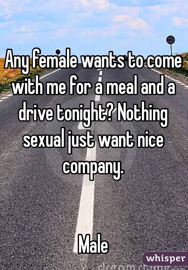 Any female wants to come with me for a meal and a drive tonight? Nothing sexual just want nice company.


Male