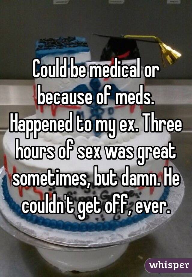 Could be medical or because of meds. Happened to my ex. Three hours of sex was great sometimes, but damn. He couldn't get off, ever. 